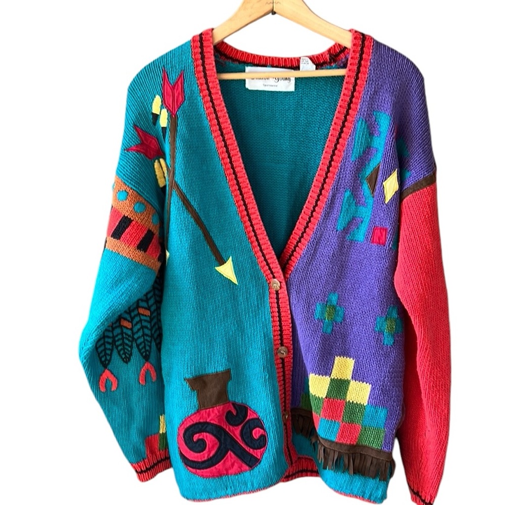 Sharon Young Vintage szM Ramie Blend Southwest Native American Novelty Cardigan